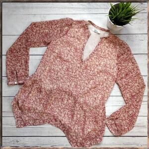 ANTHROPOLOGIE Wolven Tan & Red Printed Long-Sleeve Blouse, S